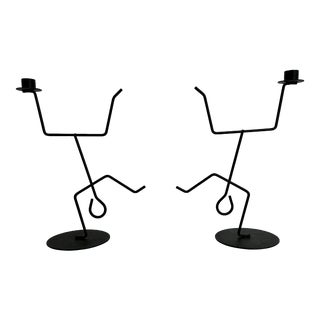 1990s Memphis Postmodern Metal Dancing Figure Candle Holders - a Pair For Sale