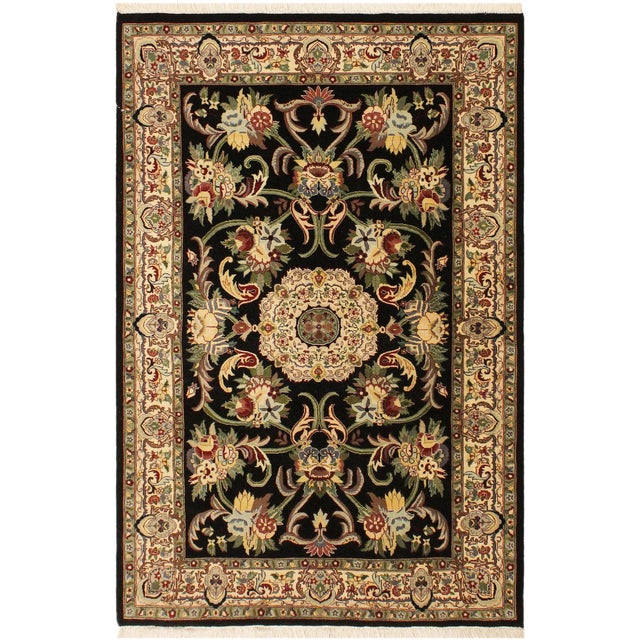 Shabby Chic Medallion 1990's Pak-Persian Black/Beige Wool Rug - 4'2'' X 6'2'' For Sale - Image 9 of 9