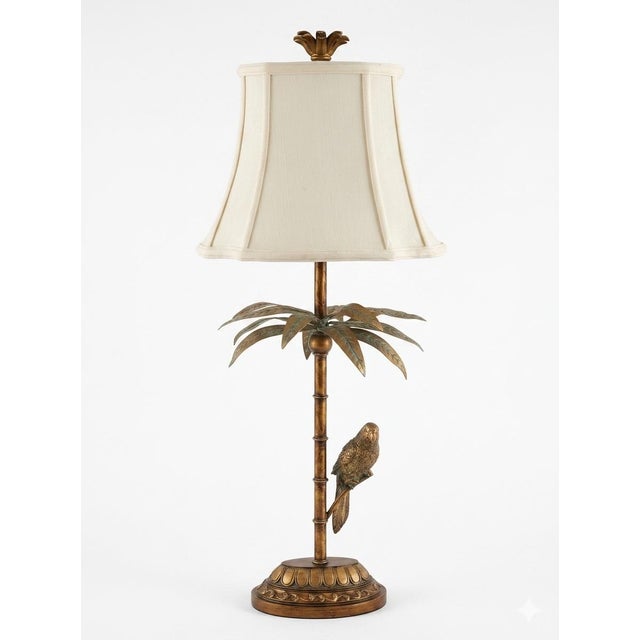 Hollywood Regency, coastal chic style Maitland-Smith table lamp. Parrot perched on a palm tree branch. This is an elegant...