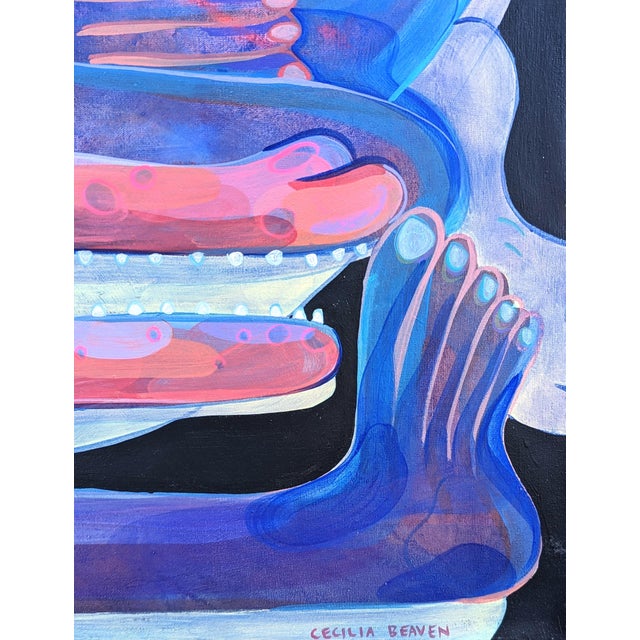 Textile Cecilia Beaven Contemporary Abstract Pink & Blue Biomorphic Contorted Alligator Figure Painting, 21st Century For Sale - Image 7 of 11