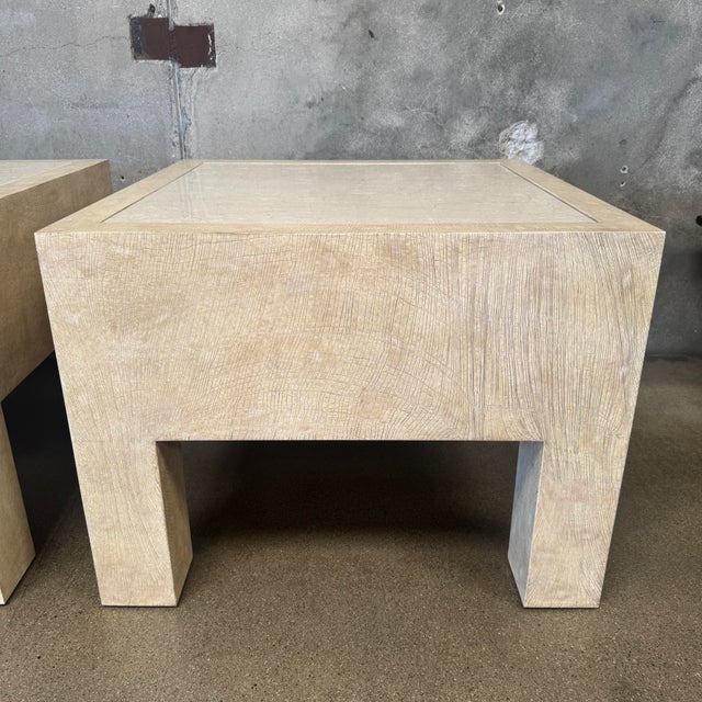 Pair of Vintage Beige Wood & Travertine Side Tables For Sale In Los Angeles - Image 6 of 12