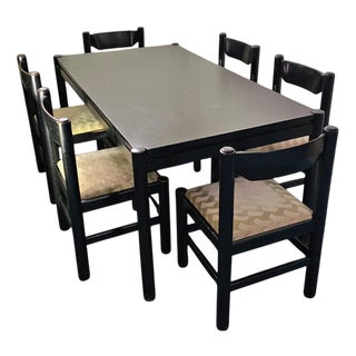 Dining Table and Chairs in Black Painted Wood by Vico Magistretti, Italy, 1970s, Set of 7 For Sale