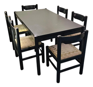Dining Table and Chairs in Black Painted Wood by Vico Magistretti, Italy, 1970s, Set of 7