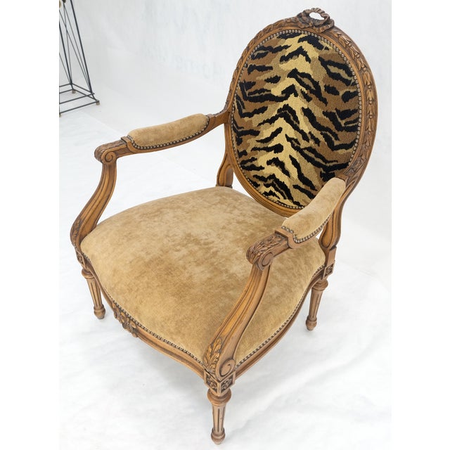 Carved Round Tiger Upholstery Back Camel Mohair Seat French Arm Chair MINT For Sale - Image 11 of 12