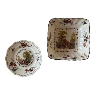 Vintage Mason's "Multicolor Watteau" China Square Serving Bowl and Small Plate For Sale
