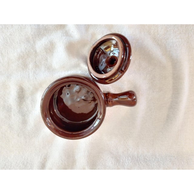 Mid-Century Modern Vintage Stoneware Brown Drip Glaze Bowl With Handle and Lid For Sale - Image 3 of 7