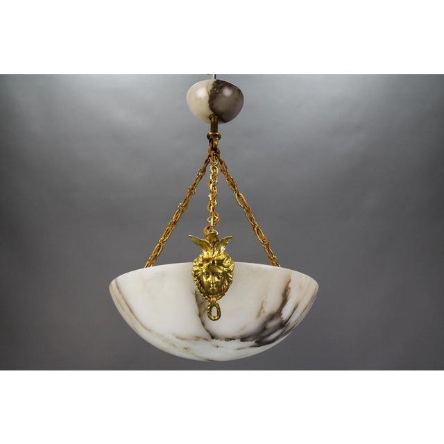 White Alabaster and Bronze Three-Light Pendant Chandelier, France, 1920s For Sale - Image 15 of 18