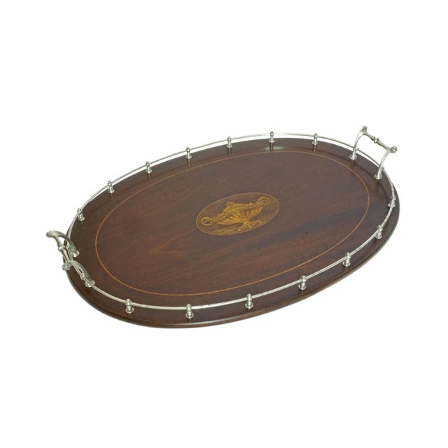 Fine antique American sterling silver and inlaid mahogany wood oval gallery serving tray with side handles, marked...