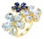 Nina Zhou Aquamarine Moonstone Sapphire Diamond Flower Blossom Cocktail Ring in 14k Yellow Gold, size 8 For Sale