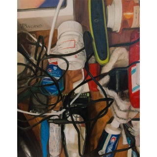 Inside, Husband's Bathroom Drawer by Erin Milan | Oil on panel Still life of bathroom drawer contents For Sale