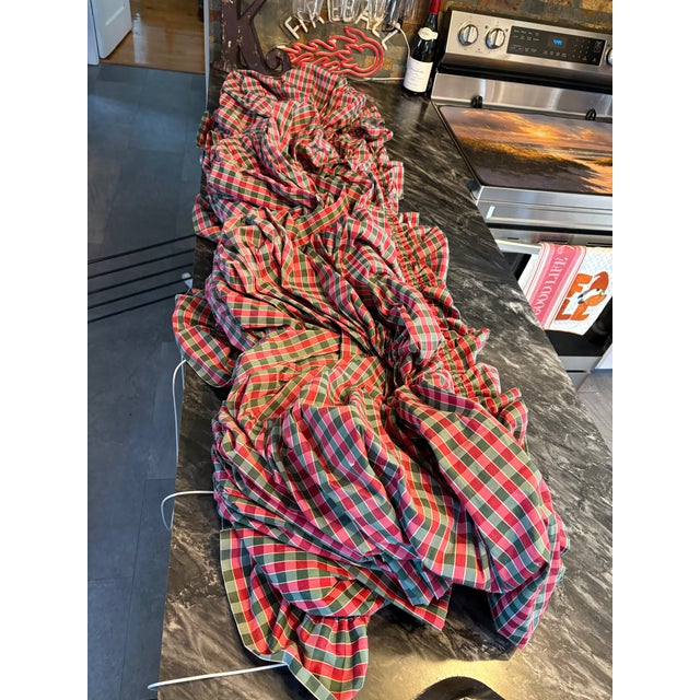 Professionally custom-fabricated full-length balloon/Austrian-style window shade in a finely woven traditional plaid of...