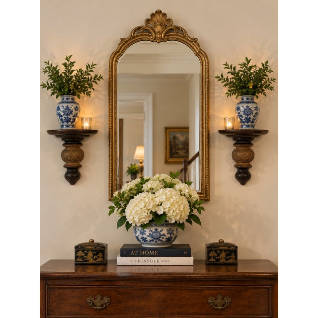 A handsome pair of hand carved Traditional Style wooden Corbels Wall Shelf Brackets with a two toned light and dark stain....
