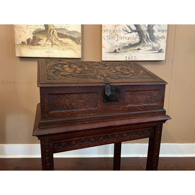 Brown Antique English Slant Top Bible Box Desk Stand Jacobean Carved Oak Lectern C1890 For Sale - Image 8 of 18