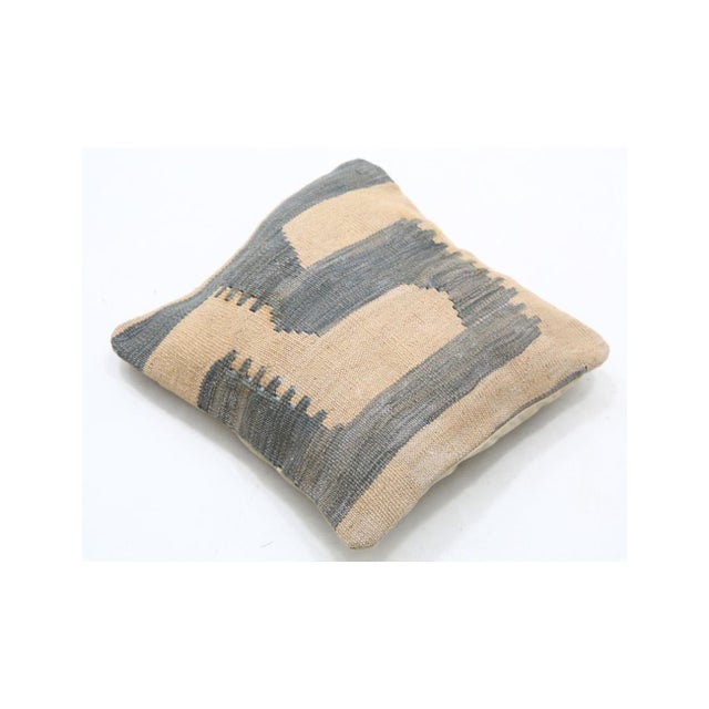 Tribal Arteverk Sand & Slate Gray Color-Block Band Kilim Throw Pillow 17" X 17", Handwoven Afghan Wool For Sale - Image 3 of 4