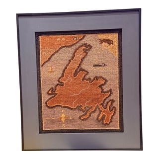 1930's Grenfell Mat – Map of Newfoundland With Whale, Sailing Ship & Coastal Settlements – Framed Textile Art For Sale
