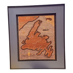 1930's Grenfell Mat – Map of Newfoundland With Whale, Sailing Ship & Coastal Settlements – Framed Textile Art