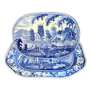 Early 19th C. Blue and White Staffordshire Transferware Meat Drainer With Platter in "Village Church" Pattern - a Pair For Sale