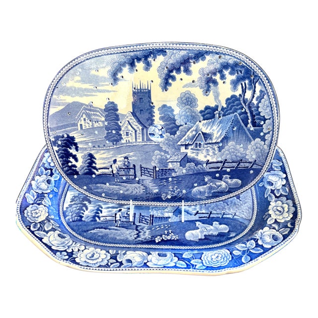 Early 19th C. Blue and White Staffordshire Transferware Meat Drainer With Platter in "Village Church" Pattern - a Pair For Sale