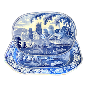 Early 19th C. Blue and White Staffordshire Transferware Meat Drainer With Platter in "Village Church" Pattern - a Pair