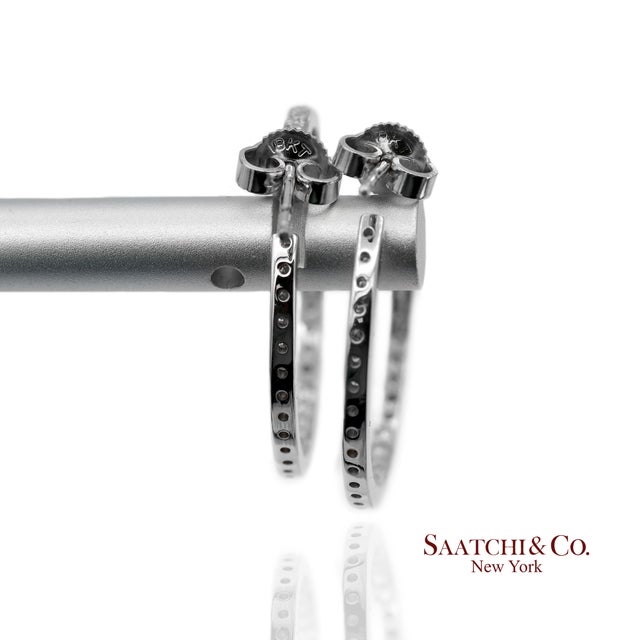 18k 750 Solid White Gold in and Out Natural Diamond Hoop Earrings, Pair For Sale - Image 11 of 13