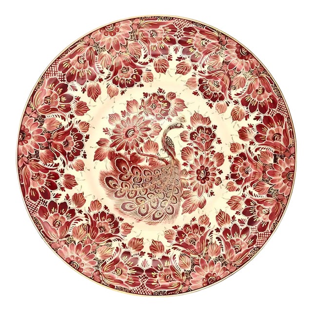 20th Century Delft Red Regina Wall Plate with Peacock Motif and Gold Decoration, Holland, 1950s For Sale