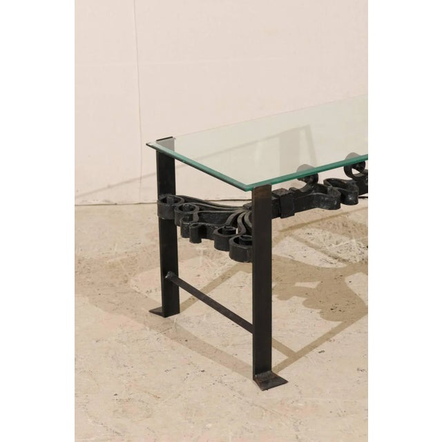Italian Italian Wrought Iron Black Colored Coffee Table with Glass Top & Ornate Scrolls For Sale - Image 3 of 8