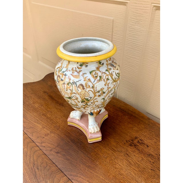Maitland - Smith Neoclassical Painted Faience Putti Vase on Paw Feet For Sale - Image 4 of 13
