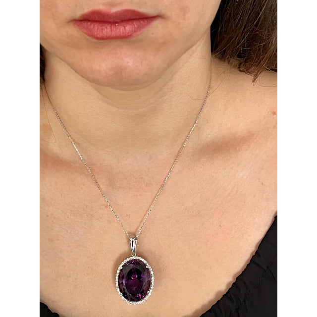 68 Carat Amethyst & 2.2 ct Diamond Pendant Necklace 14 Karat White Gold + Chain For Sale - Image 9 of 18