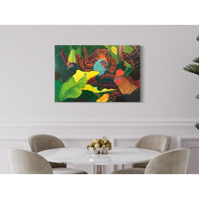 Marc Zimmerman "Lost and Found Chickens" Oil Painting, Tropical Chickens in Botanical Setting, Deep Green and Red, Contemporary Art West Coast For Sale - Image 9 of 11