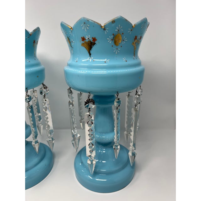 Sky Blue Late 19th Century Victorian Blue Opaline Glass Mantle Lusters With Cut Prisms, Pair, 14” For Sale - Image 8 of 10