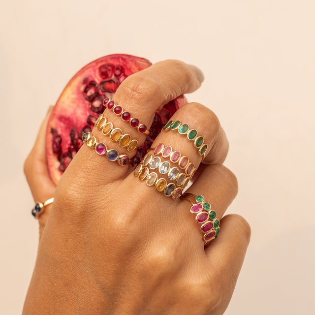 Pink 18k Yellow Gold Pink Sapphire Half Eternity Ring Band Size 7 For Sale - Image 8 of 12