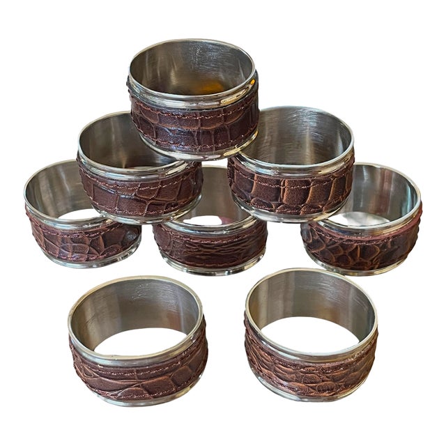 Safari Brown Crocodile-Embossed Napkin Rings With Silver-Tone Trim After Ralph Lauren — New & Unused - Set of Eight For Sale