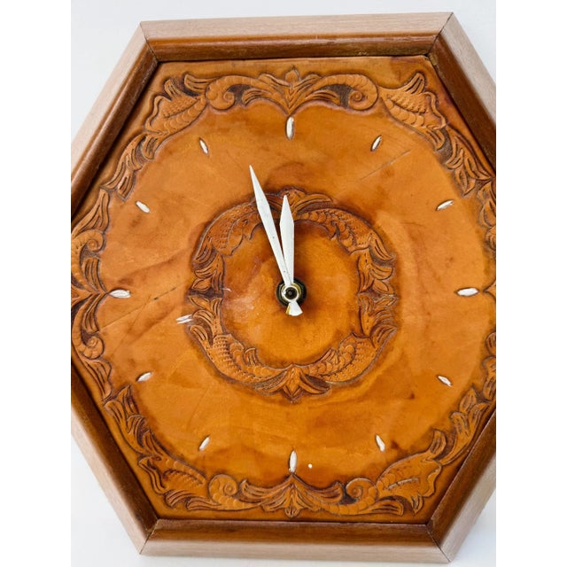 1960s 1960's Hexagon Wood & Tooled Leather Wall Clocks – Working Pair For Sale - Image 5 of 16