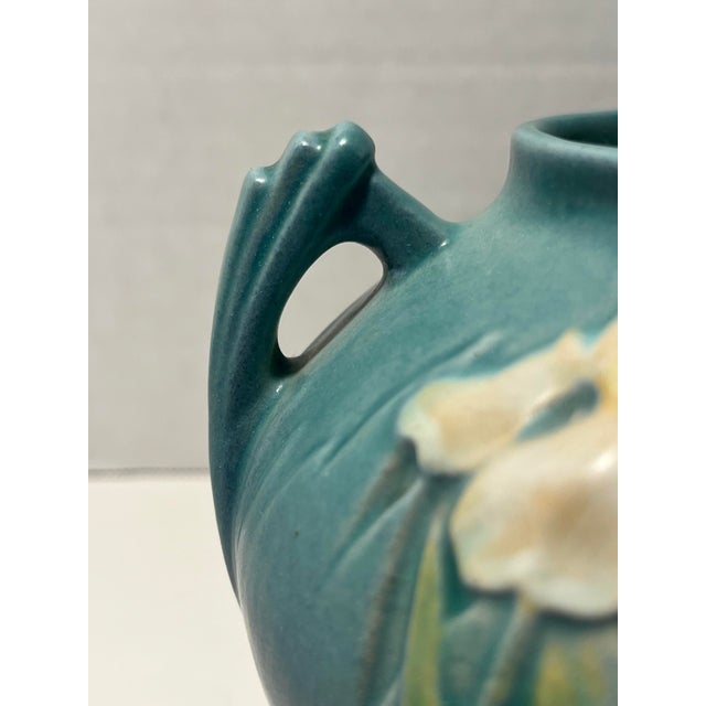 1930s 1939 Roseville Iris Blue Art Deco Pottery Matt Ceramic Vase # 357-4 For Sale - Image 5 of 10