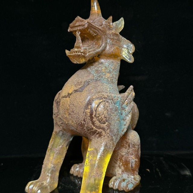 Traditional Antique Glass Guardian Lion Sculpture – 7.1" Roaring Mythical Beast With Verdigris Patina For Sale - Image 3 of 9