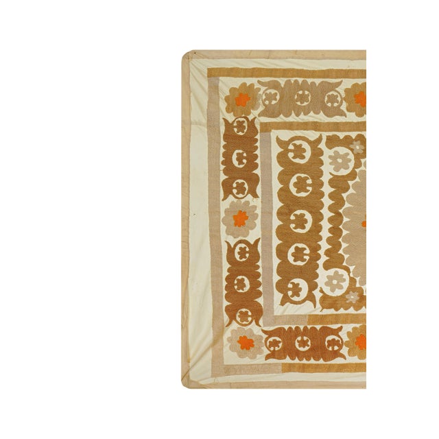 Mid-Century Modern Rustic Brown & Orange Suzani Quilt | Authentic Central Asian Textile 3'4'' X 4'6'' For Sale - Image 3 of 11
