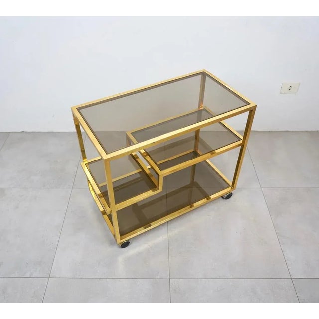 Gold Serving Bar Cart in Brass and Smoked Glass, Italy, 1970s For Sale - Image 8 of 15