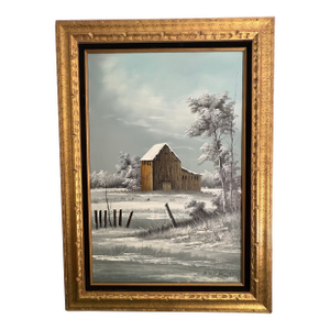 Oil on Canvas by Everett Woodson (American, 1933 - 2016), Barn in Snowy Landscape