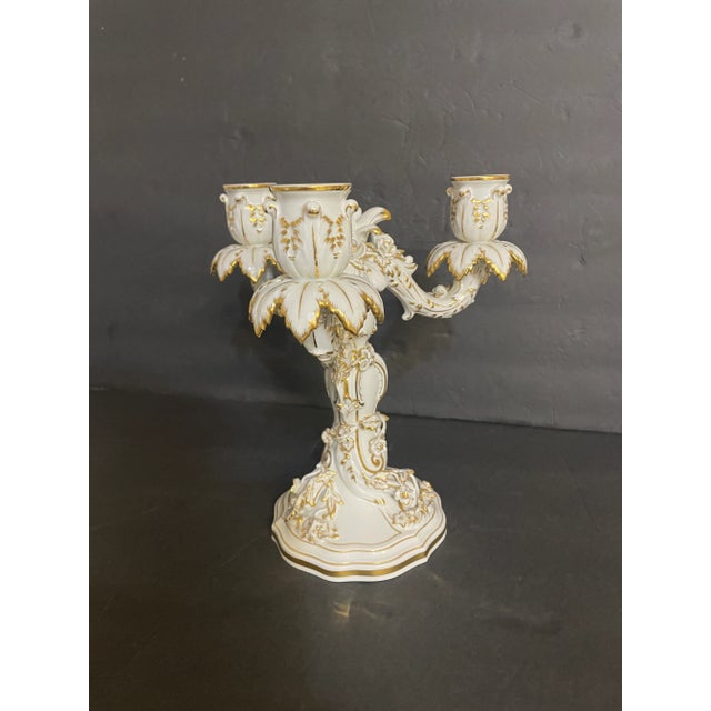 Meissen Porcelain Antique Rococo Porcelain 3-Light Candelabrum | Hand Gilded | 19th Century For Sale - Image 4 of 9