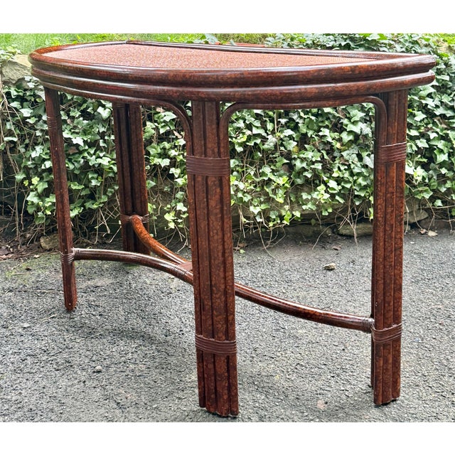Traditional Vintage Faux Tortoise Rattan Console Table For Sale - Image 3 of 11