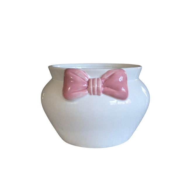 Ceramic Grandmillenial White Ceramic Fishbowl Planter With Pink Bow For Sale - Image 7 of 14