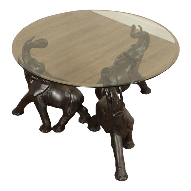 Contemporary Trio of Elephants Brass & Glass Center Table For Sale