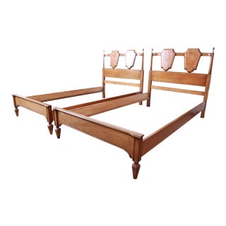 Romweber Mid-Century Hollywood Regency Burl Wood and Brass Twin Beds, Pair For Sale
