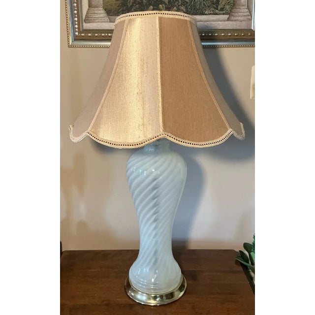 Mid-Century Modern Vintage Light Blue Swirled Murano Glass Table Lamps With Fabric Shades - Pair For Sale - Image 3 of 7