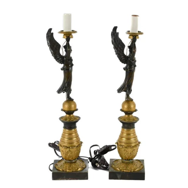 Pair of Neoclassical Revival Winged Victory Figural Lamps, Bronze Doré, 20th Century For Sale - Image 4 of 10