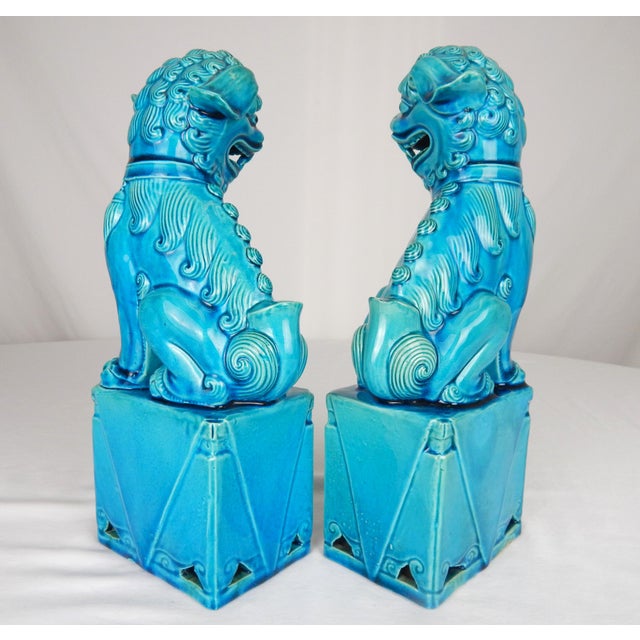 Ceramic Early 20th Century Turquoise Blue Glaze Foo Dogs- a Pair For Sale - Image 7 of 12