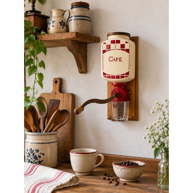 A distinctive vintage French wall-mounted coffee grinder, featuring a cream-glazed ceramic reservoir decorated with a...