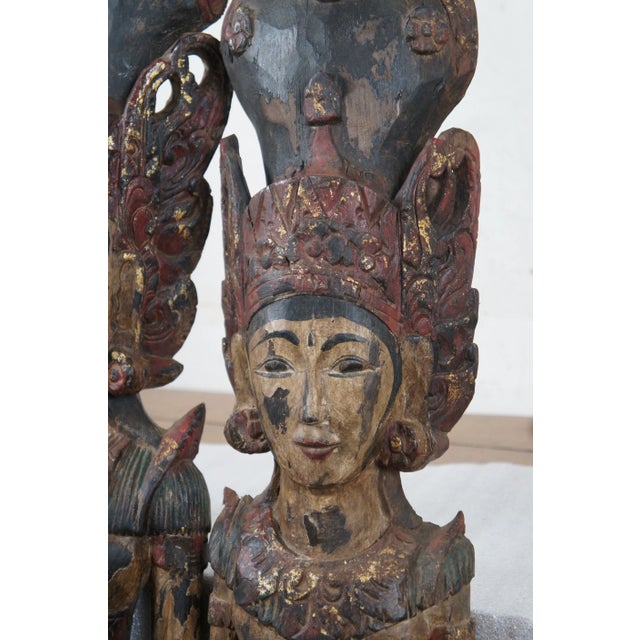 Antique Set of 2 Carved Wood Thai Thepanom Buddist Angel Diety Sculptures For Sale - Image 10 of 13