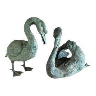 Vintage Copper Swan Sculptures, Verdigris Patina, Garden Décor, Europe For Sale