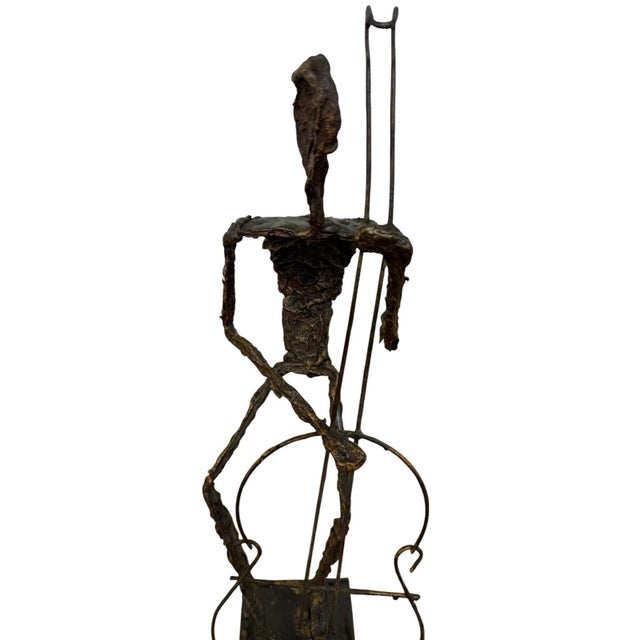Brown Mid-Century Brutalist Musician Figurine Sculpture on Wood Pedestal 24” H For Sale - Image 8 of 8